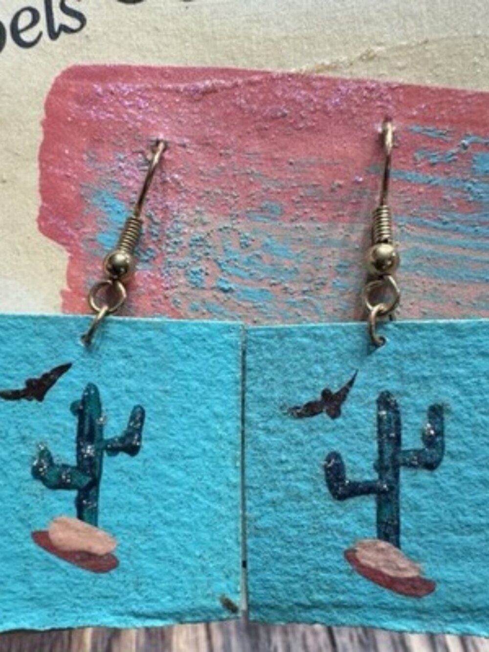 Handmade Southwestern Style Earrings Featuring A Cactus & Bird NOS